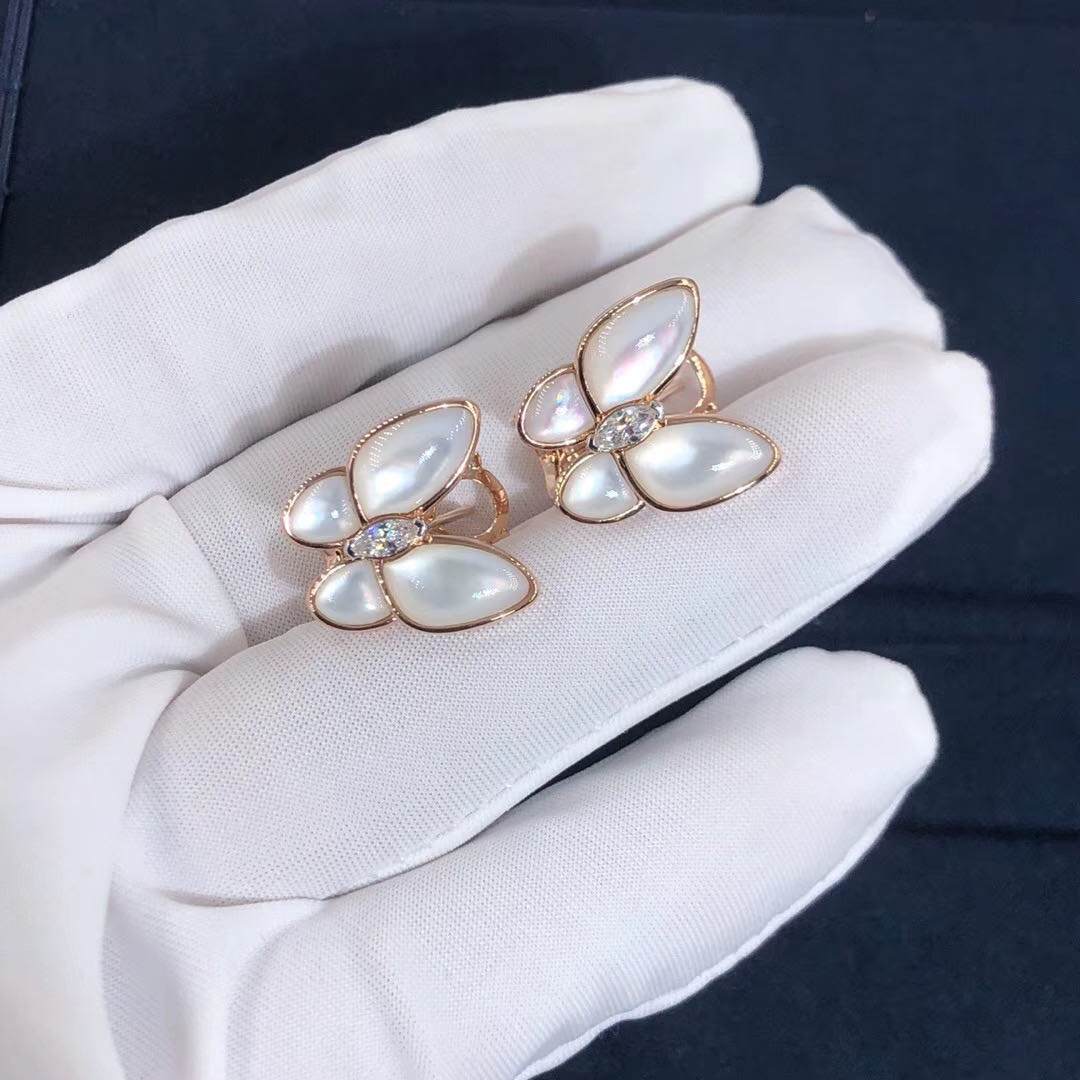 Van Cleef & Arpels 18k Rose Gold Mother of Pearl & Diamond Two Butterfly earrings VCARO8FN00