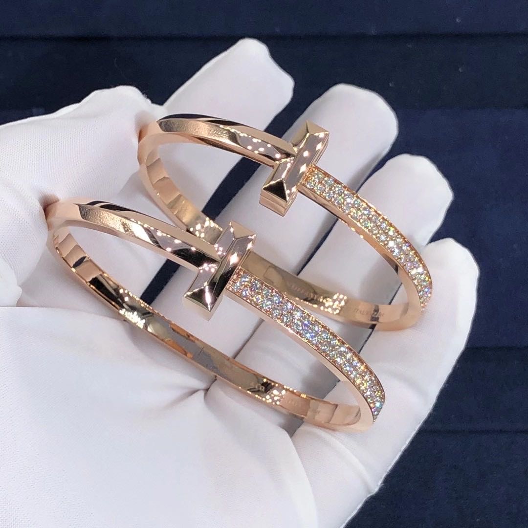 Custom Made 18k Rose Gold Tiffany T T1 Wide Diamond Hinged Bangle