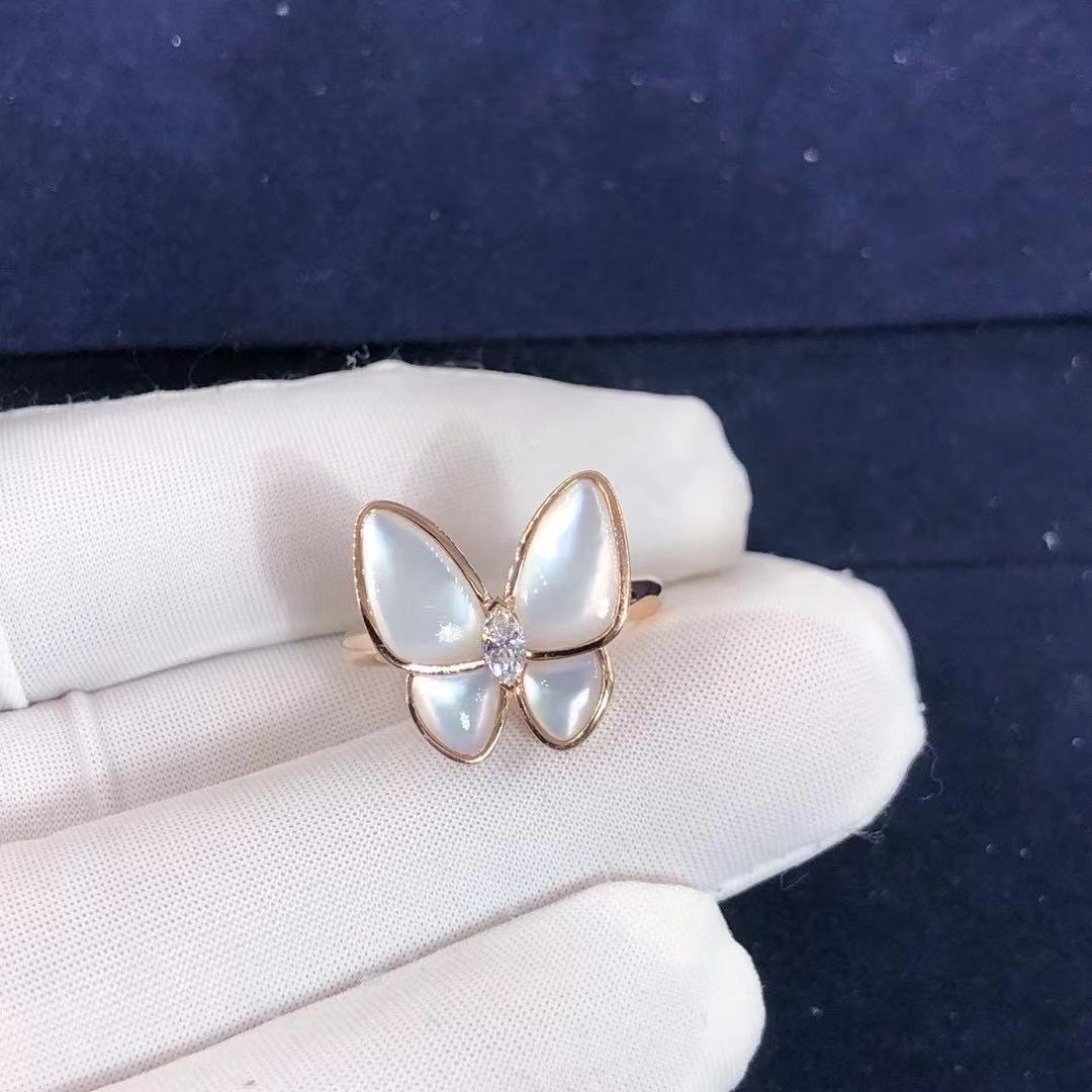 Van Cleef & Arpels 18k Rose Gold Mother of Pearl & Diamond Butterfly Ring