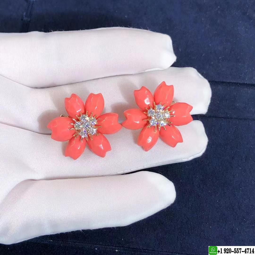 Customised Van Cleef & Arpels 18k Yellow Gold Rose de Noel Diamond Coral Flower Earrings