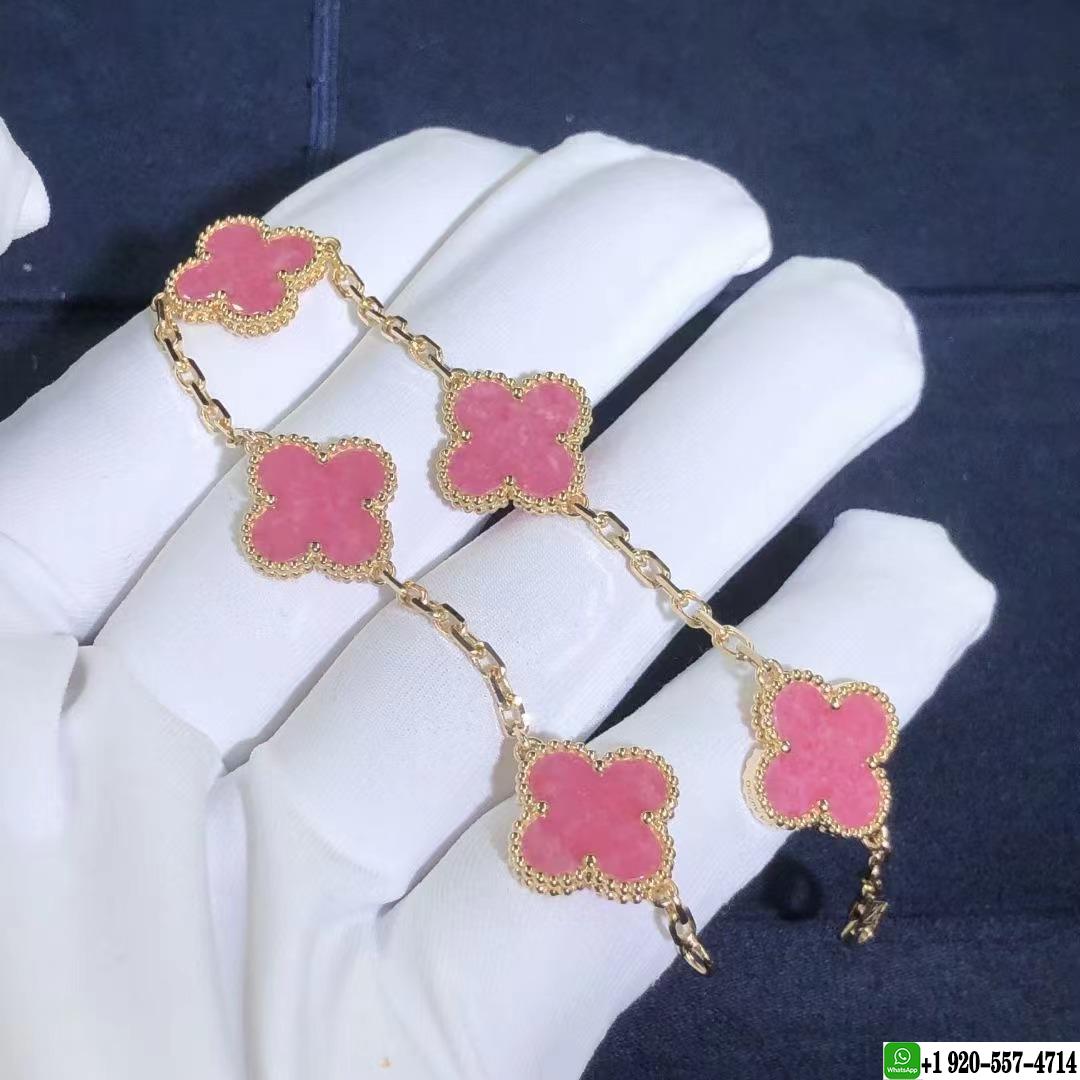 VCA 18k Yellow Gold Rhodonite 5 Motifs Vintage Alhambra Bracelet